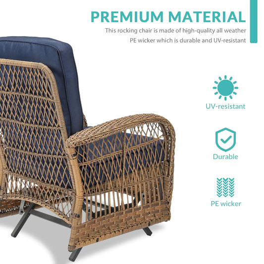 MEETWARM Patio Wicker Rocking Glider Set, All-Weather Outdoor Rattan Patio Rocking Chairs of 2, Patio Conversation Set with Thickened Cushions for Porch Garden & Backyard, Navy Blue