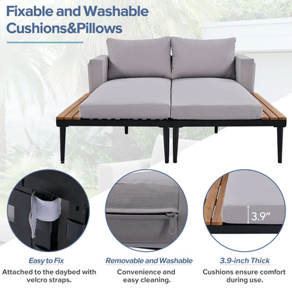 Harper & Bright Designs Patio Outdoor Metal Daybed for 2, All Weather Outdoor Chaise Lounges Reclining Chairs with Wood Topped Side Spaces for Drinks for Poolside Balcony Deck, Gray