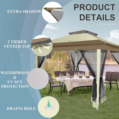 COBIZI 12x12 Outdoor Gazebo Pop Up Gazebo Canopy with Mosquito Netting Patio Tent Backyard Canopy with 2-Tiered Vented Top 3 Adjustable Height, Beige