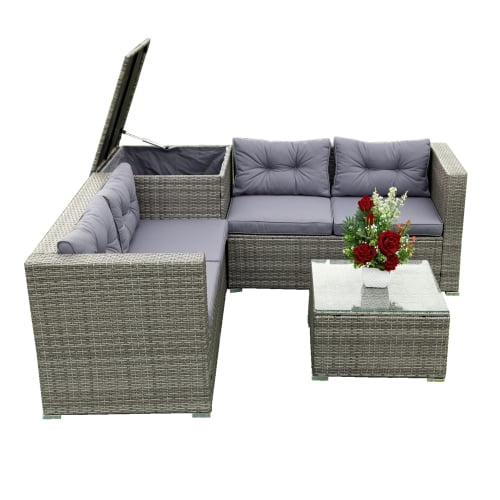 Segmart 4 Piece Rattan Wicker Patio Furniture, Outdoor Conversation Set with Storage Ottoman, All-Weather Rectangle Patio Sofa Wicker Set with Cushions for Backyard Garden Pool