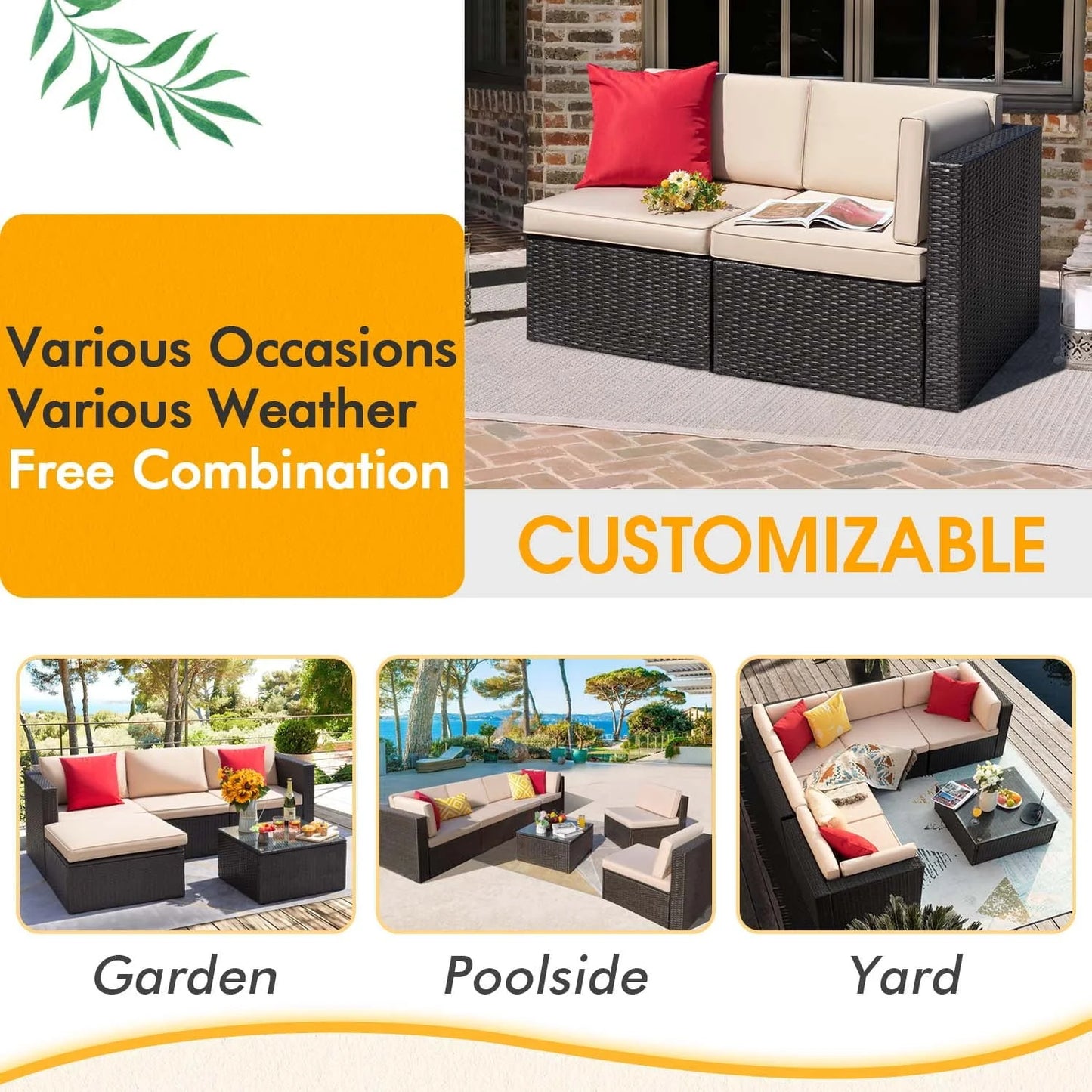 Devoko 2 Pieces Patio Sectional Set Outdoor Rattan Loveseat with Cushions & Red Pillow, Beige