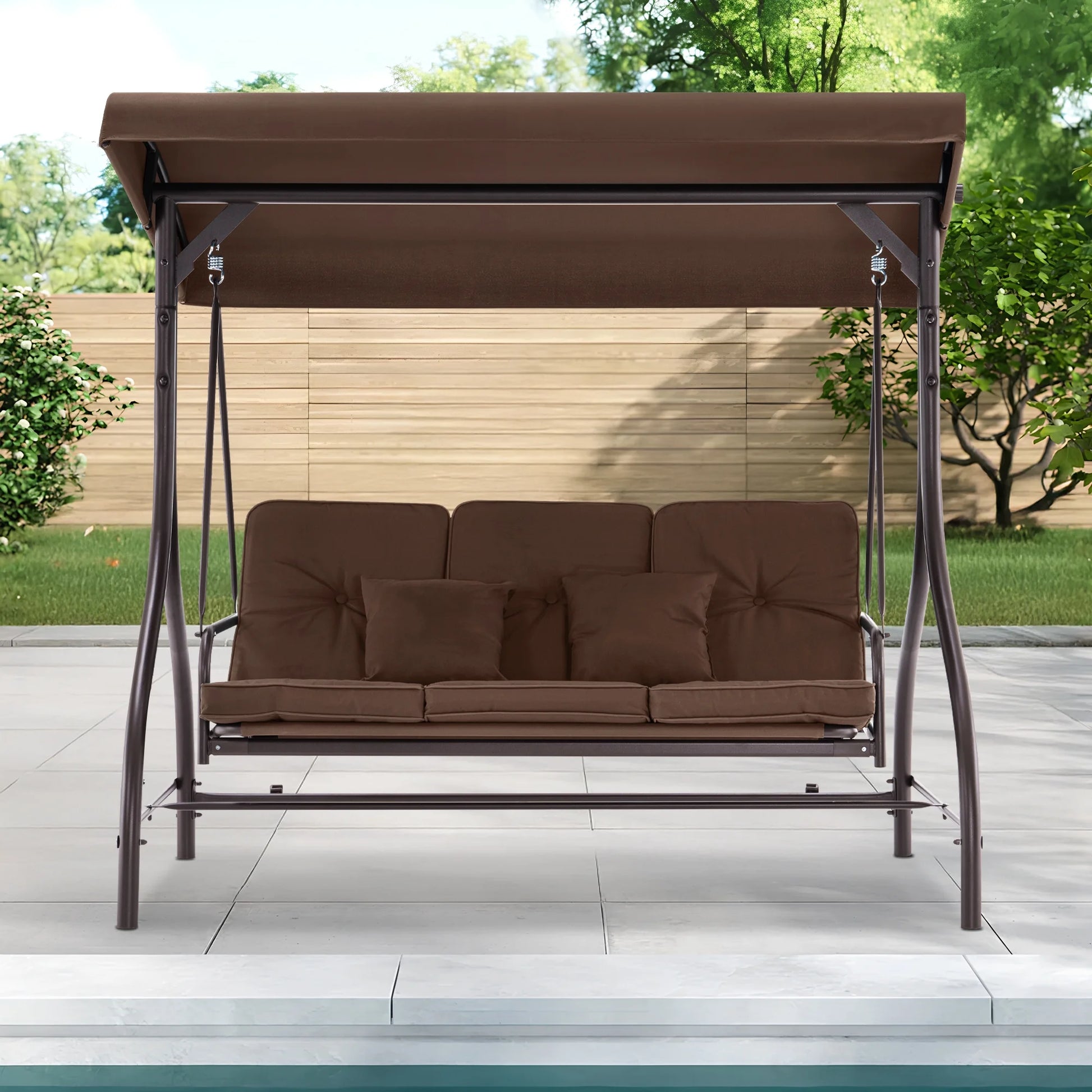MCombo 3-Seat Outdoor Patio Swing Chair Cushioned with Adjustable Backrest and Canopy, Pillow, Brown