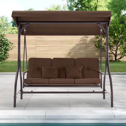 MCombo 3-Seat Outdoor Patio Swing Chair Cushioned with Adjustable Backrest and Canopy, Pillow, Brown