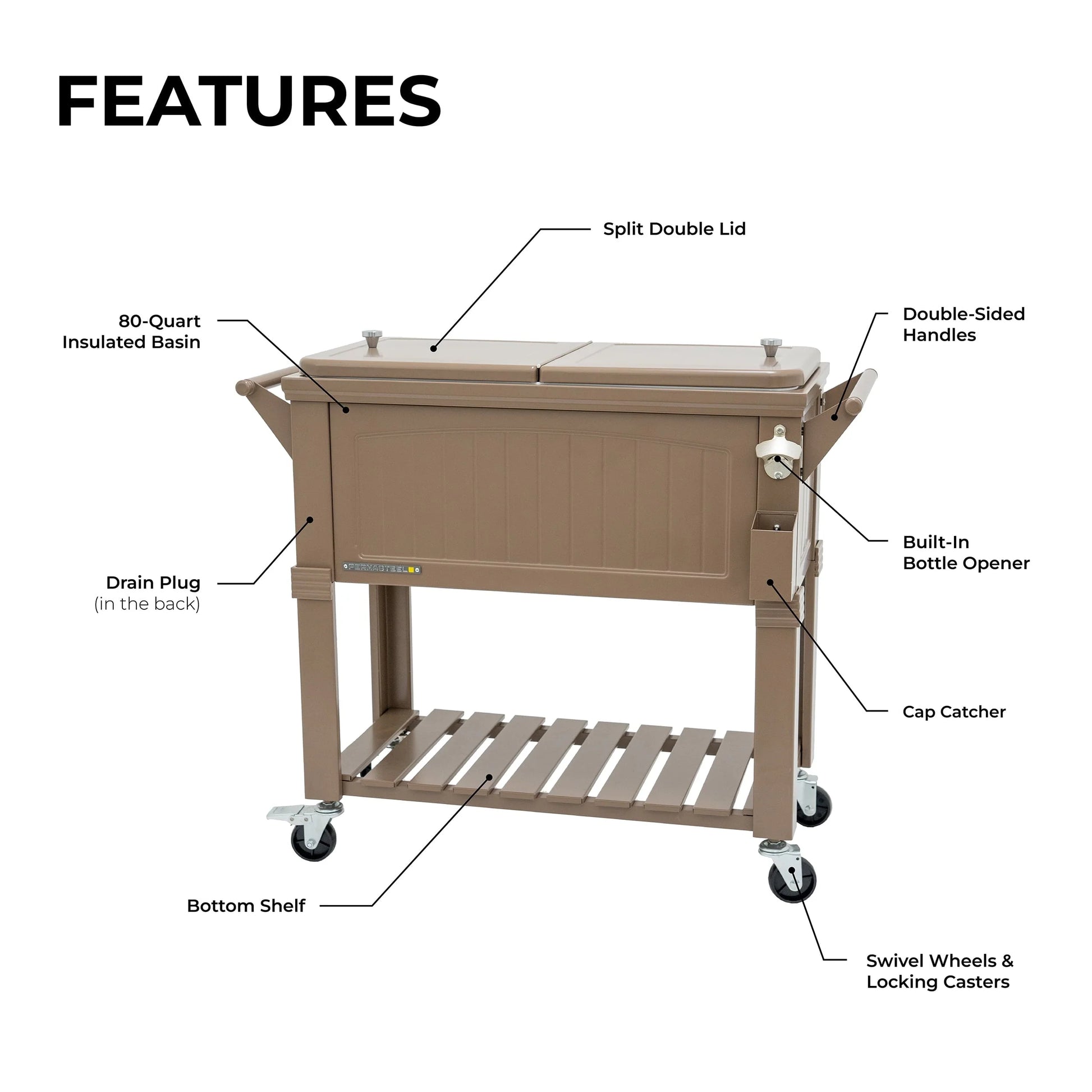 Permasteel 80-Qt Antique Outdoor Steel Patio Cooler on Wheels, Rolling Cooler Cart, Wooden Teak Style, Taupe