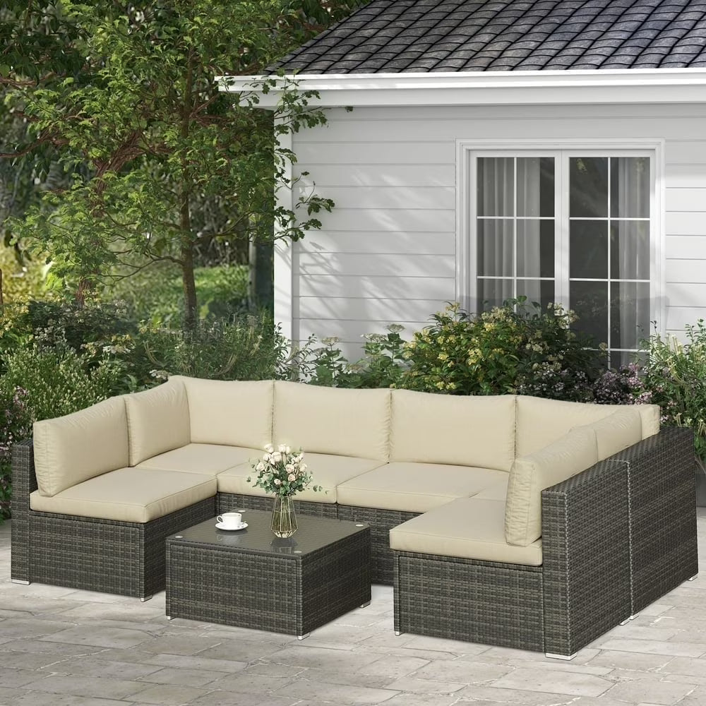 SUNVIVI 7 Pieces Patio Furniture Sets, All-Weather PE Grey Wicker Outdoor Rattan Sectional Sofa, Patio Sofa Couch with Table and Beige Cushions