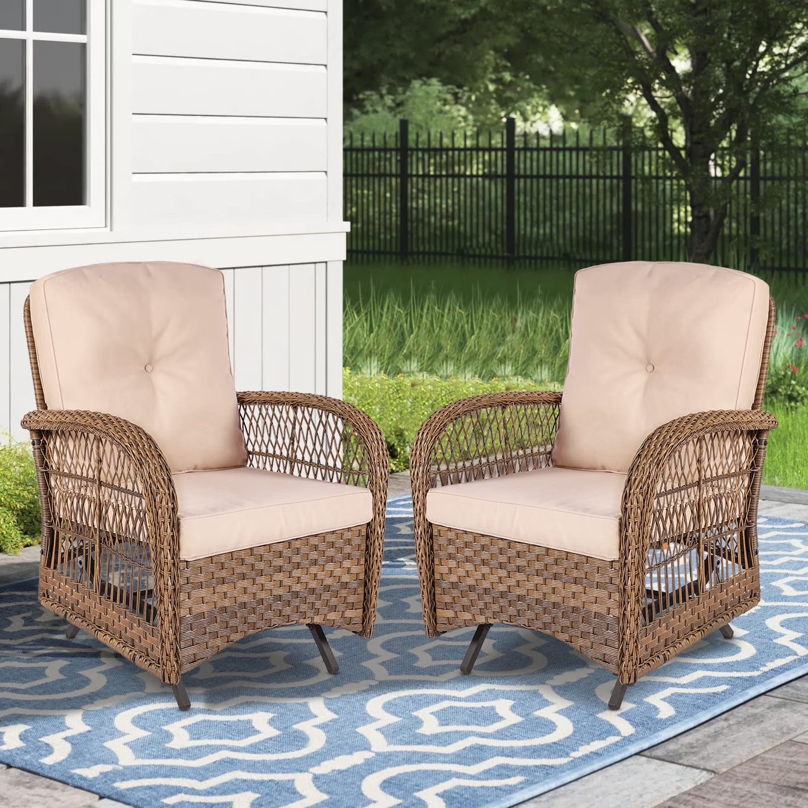 MEETWARM Patio Wicker Rocking Glider Set, All-Weather Outdoor Rattan Patio Rocking Chairs of 2, Patio Conversation Set with Thickened Cushions for Porch Garden & Backyard, Navy Blue