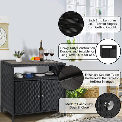 Faitaliicy Outdoor Wicker Rattan Storage Cabinet With Shelf Powder Coated Steel Patio Storage Box Bar Table With 2-Door Outdoor Freestanding Storage Unit For Patio Pool Garden Indoor Kitchen