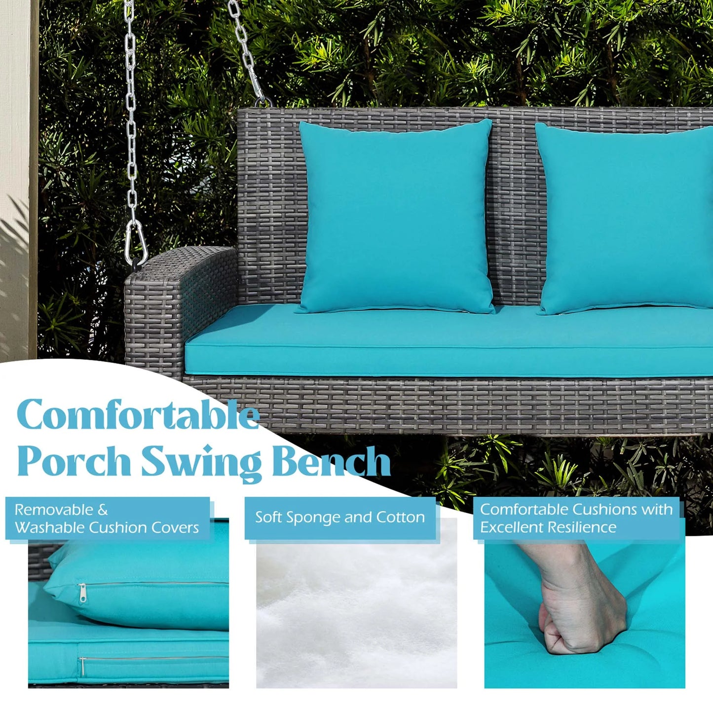 Gymax Fashion 2-Person Patio Hanging Porch Swing Rattan 800LBS Swing Bench w/Turquoise Cushions