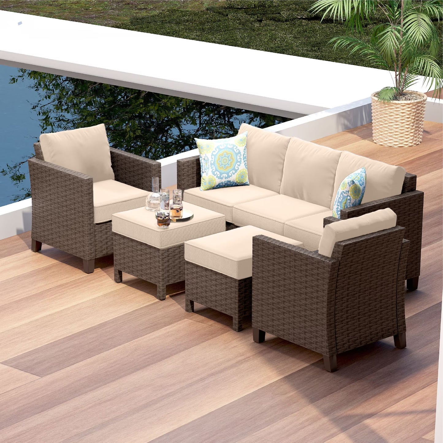 Hearth & Harbor 5-Piece Outdoor Patio Furniture Set, Wicker Patio Conversation Set, Sectional Sofa, Black/Off White