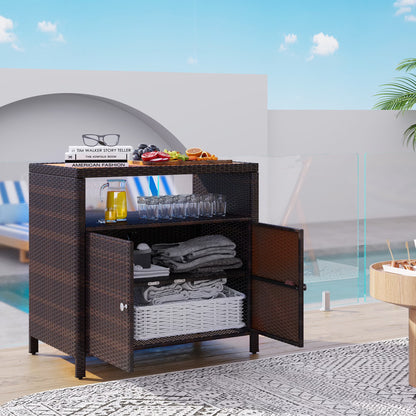 Outsunny Rattan Outdoor Storage Cabinet, Wicker Bar Table with Acacia Wood Countertop, Two Doors, Shelf, for Garden, Patio, Backyard, Black