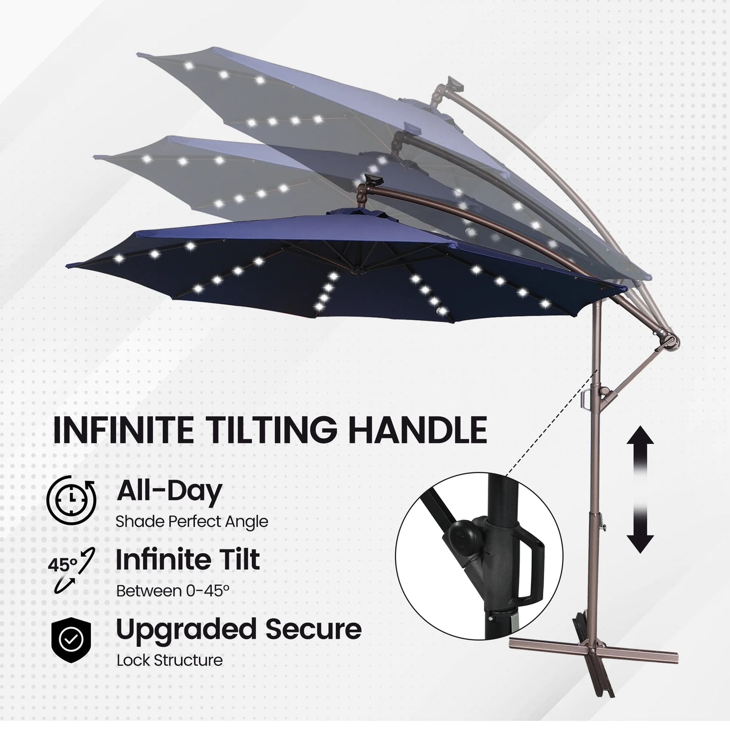 Mondawe 10ft Solar Lights Offset Cantilever Patio Umbrella - with Light, LED Lighted Offset Hanging Patio Outdoor Market Umbrella UPF50+ UV Protection with Crank,Navy Blue