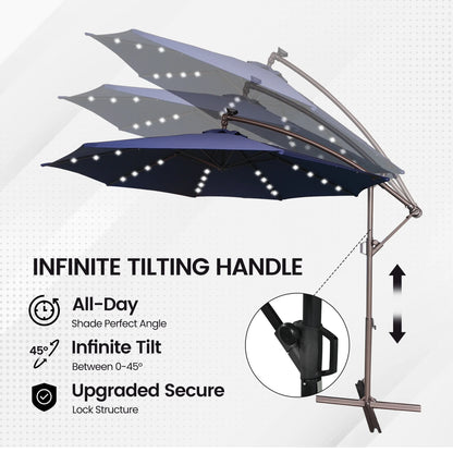 Mondawe 10ft Solar Lights Offset Cantilever Patio Umbrella - with Light, LED Lighted Offset Hanging Patio Outdoor Market Umbrella UPF50+ UV Protection with Crank,Navy Blue