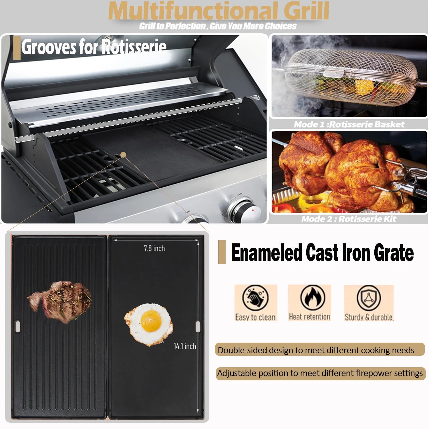 Seizeen 4 Burner Outdoor BBQ Grill with Side Burner, 46,790BTU Propane Gas Grill Stainless Steel, 2-IN-1 Enameled Cast Iron Grid & Frying Plate, High Lid, for Patio and Garden Cooking