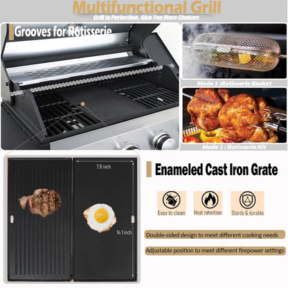 Seizeen 4 Burner Outdoor BBQ Grill with Side Burner, 46,790BTU Propane Gas Grill Stainless Steel, 2-IN-1 Enameled Cast Iron Grid & Frying Plate, High Lid, for Patio and Garden Cooking
