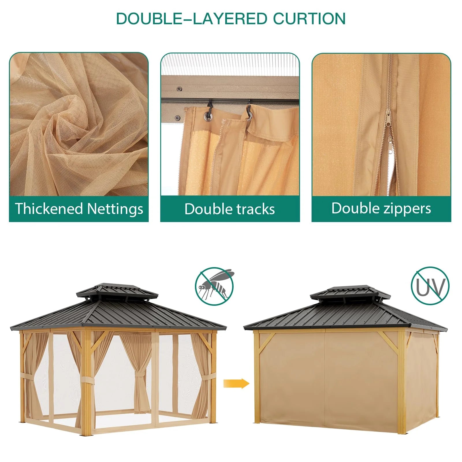 TROPOW 10x12ft Hardtop Gazebo Double Roof with Nettings and Curtains,Aluminum Frame,Wood Grain Heavy Duty Galvanized Steel Outdoor Combined of Vertical Stripes Roof for Garden,Patio,Lawns,Parties