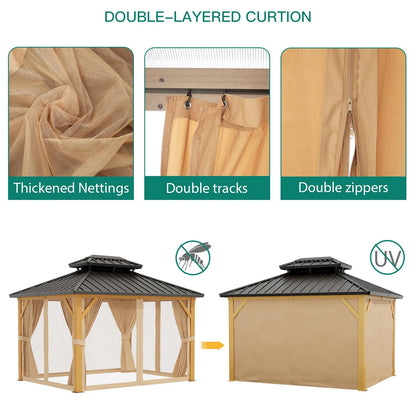 TROPOW 10x12ft Hardtop Gazebo Double Roof with Nettings and Curtains,Aluminum Frame,Wood Grain Heavy Duty Galvanized Steel Outdoor Combined of Vertical Stripes Roof for Garden,Patio,Lawns,Parties