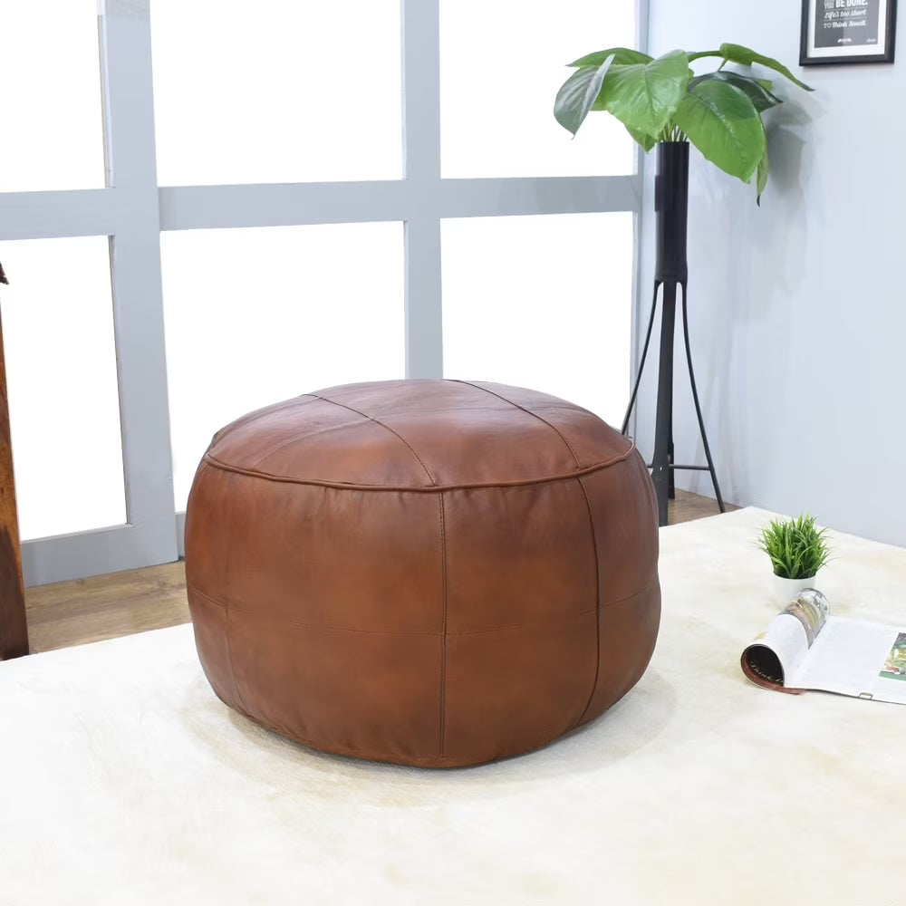 HANDMADE ECO-FRIENDLY ROUND SHAPED STUFFED LEATHER BLACK POUF - 14" x 14" x 14", Round Shape, Black Color, , Seating Pouf For Living Room, Study Room, Patio & Office