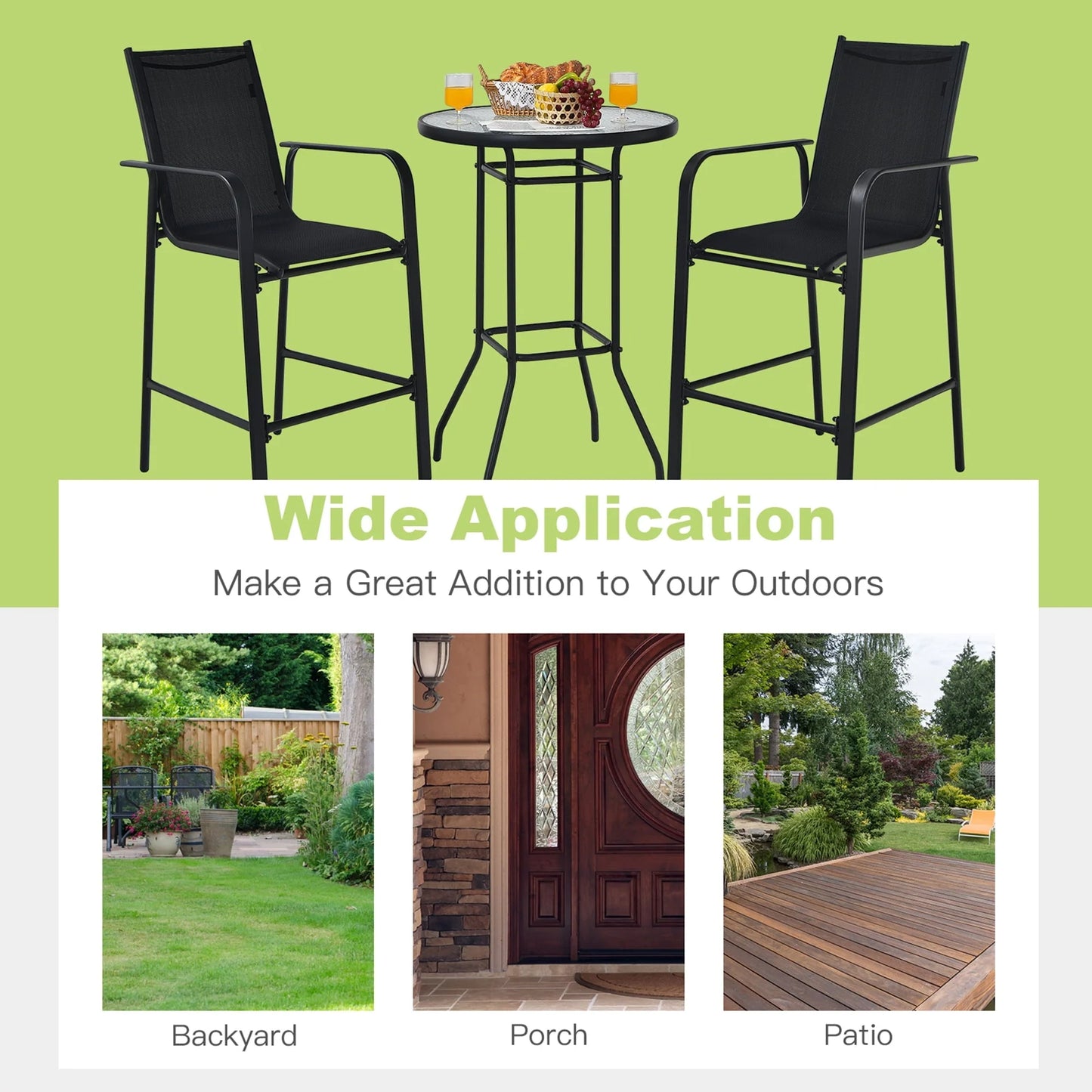 Gymax 3PCS Patio Bar Set Outdoor Bistro Set w/2 Stools & 1 Tempered Glass Table