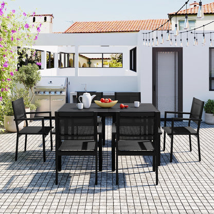 7 Piece Outdoor Dining Set, Patio Dining Table Set for 6 Persons, Garden Patio Textilene Dining Furniture Set with Plastic-Wood Tabletop, Dining Table Chairs Conversation Set for Deck Patio