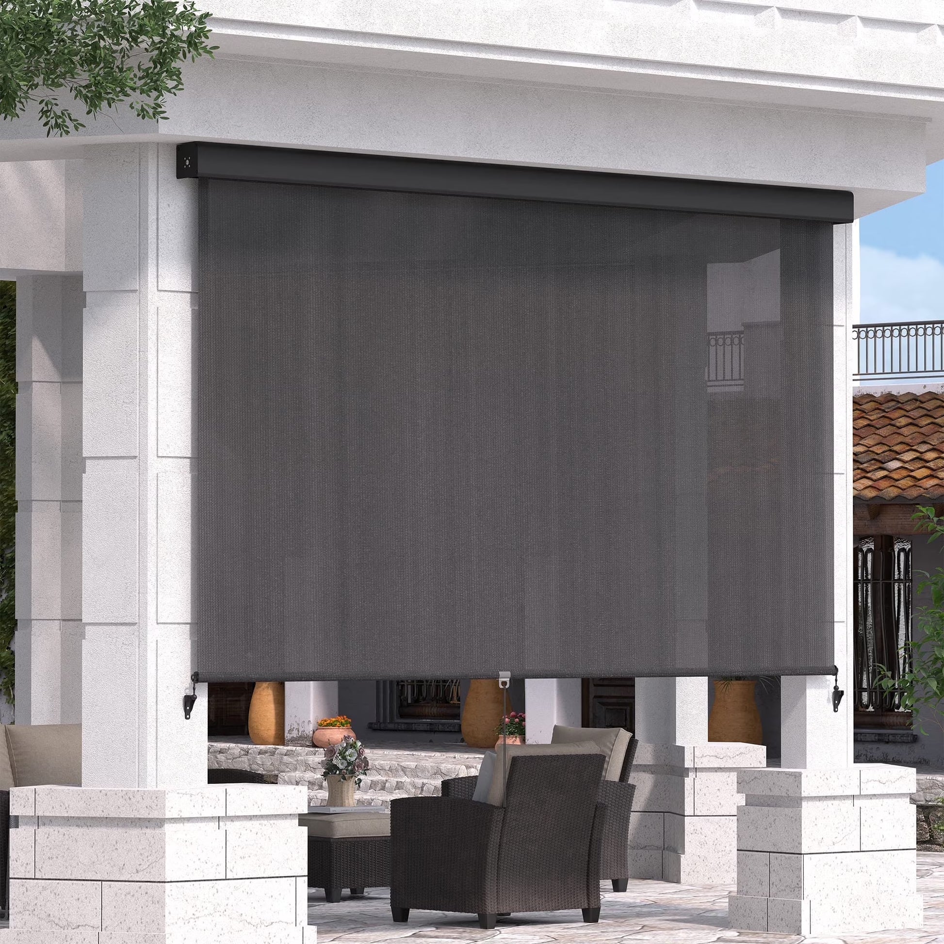 Vicllax Outdoor Patio Blinds Sun Shades Spring Roller Shade with Valance for Patio, Gray, 7'Wx8'H