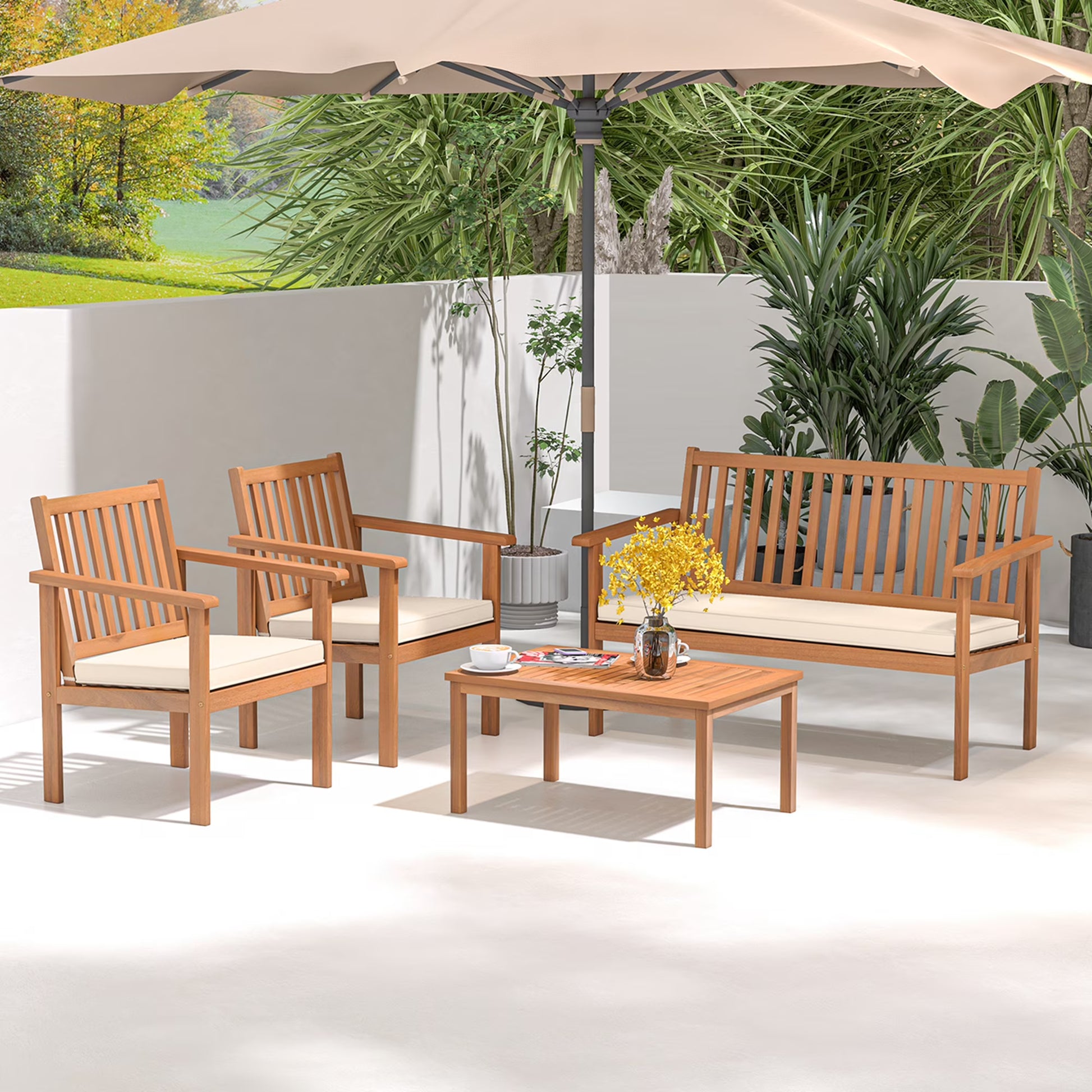 Costway 4 PCS Patio Wood Furniture Set with Loveseat, 2 Chairs & Coffee Table for Porch Navy