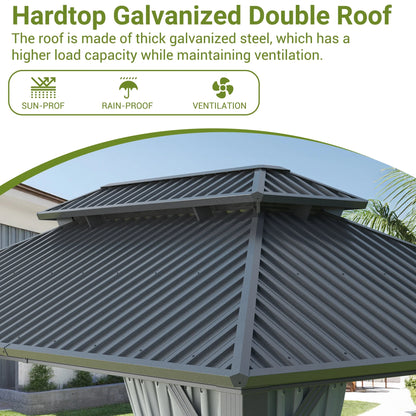 MUCHANT 10'x12' Hardtop Gazebo with Aluminum Frame, Permanent Outdoor Pavilion Metal Gazebo with Galvanized Steel Double Roof & Mosquito Netting and Curtains for Patios, Gardens, Lawns, Gray