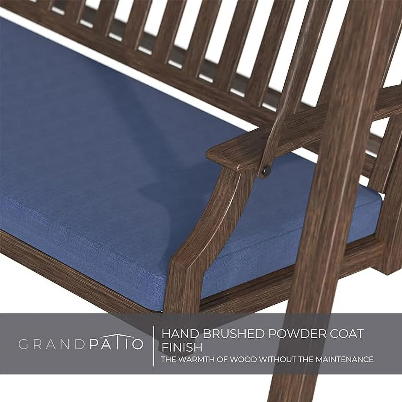 Grand Patio Porch Swing, Outdoor 2-Seat Patio Swing Chair, Adjustable Tilt Canopy, with Removable Cushion, Weather Resistant Powder Coated Painted Woodgrain Frame, Farmhouse Style-Dark Blue