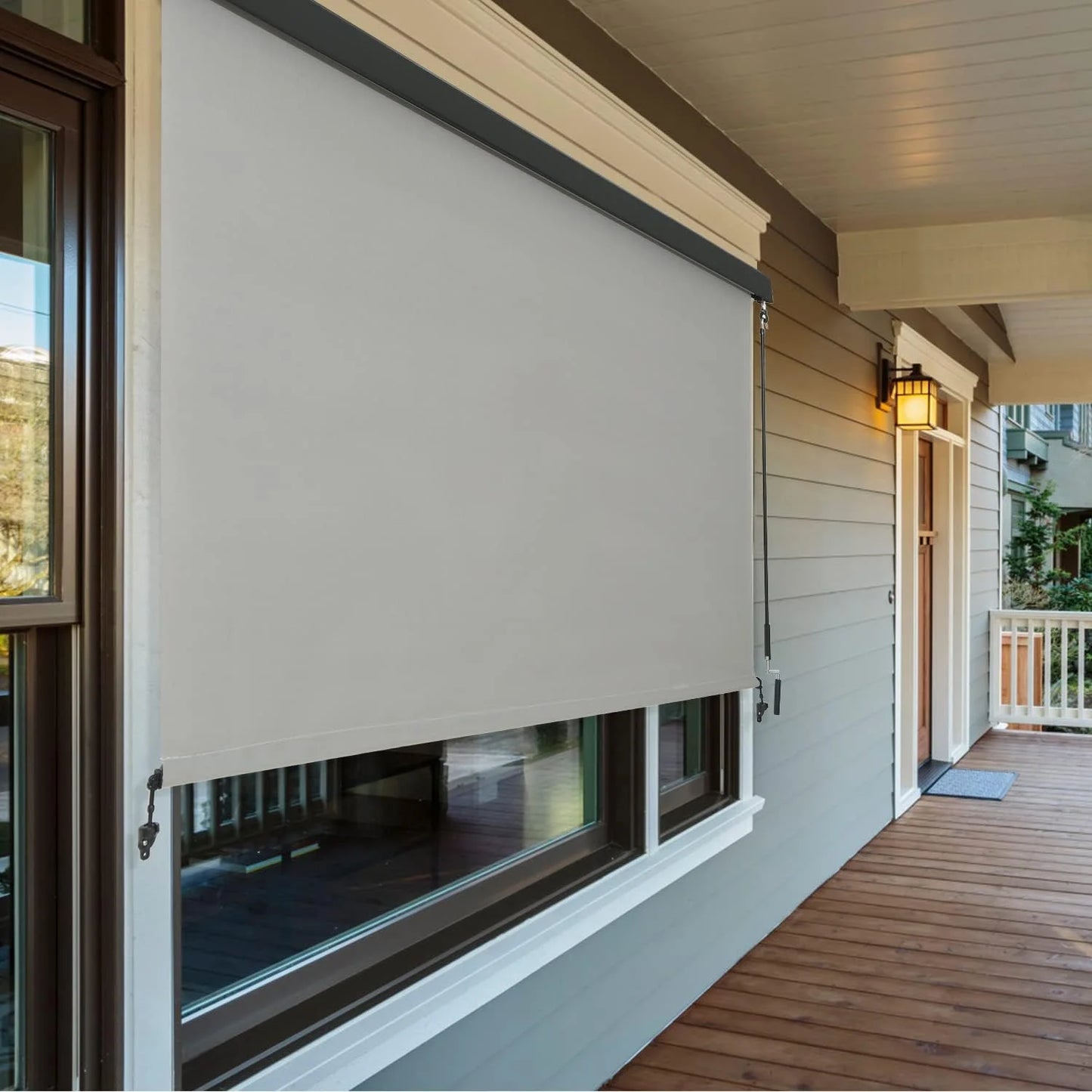 Vicllax 7'Wx8'H Outdoor Roller Shades Blinds for Patio Porch Crank Operation Solar Fabric, Light Gray