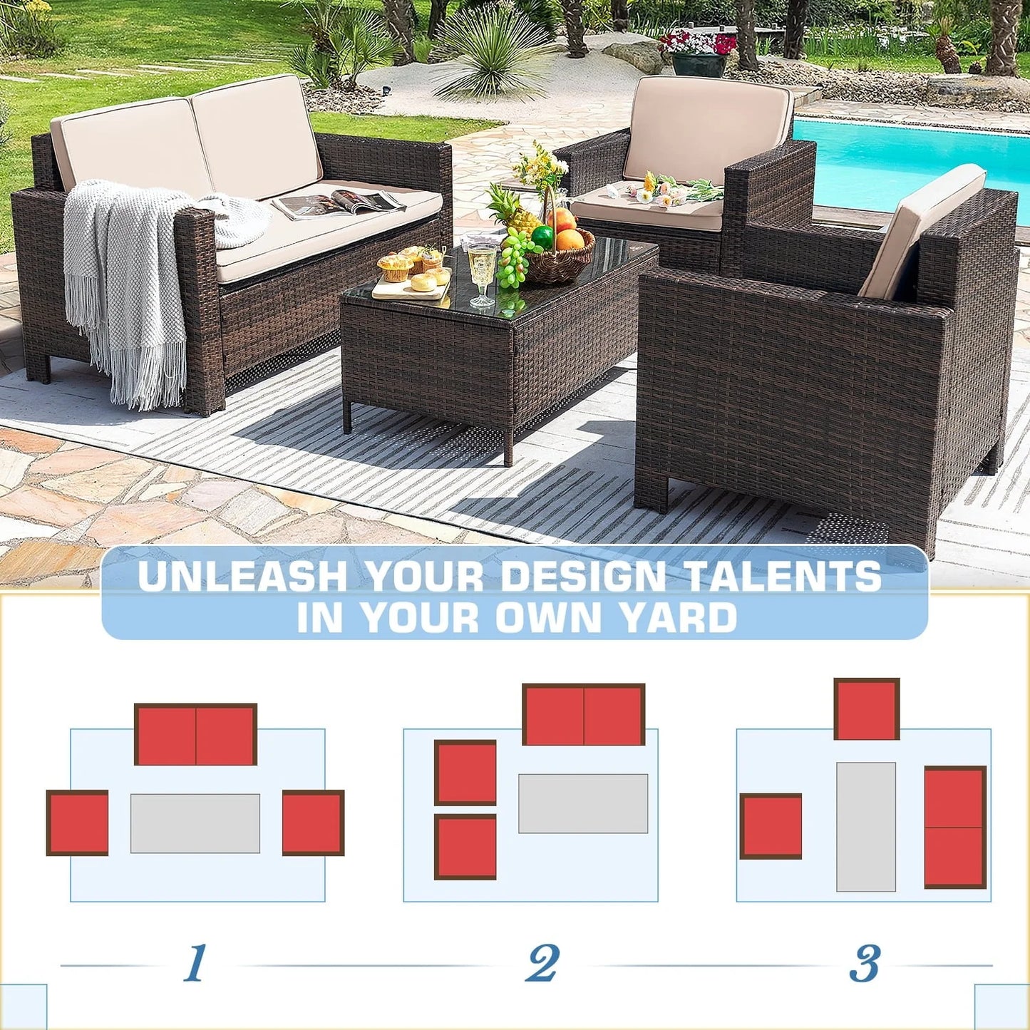 Lacoo 4 Pieces Patio Furniture Sets Rattan Chair Wicker Conversation Sofa Set Outdoor Backyard Porch Garden Poolside Balcony Use Furniture, Beige