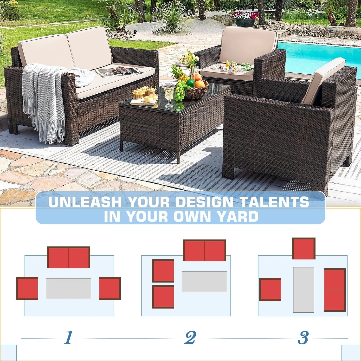 Lacoo 4 Pieces Patio Furniture Sets Rattan Chair Wicker Conversation Sofa Set Outdoor Backyard Porch Garden Poolside Balcony Use Furniture, Beige