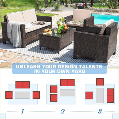 Lacoo 4 Pieces Patio Furniture Sets Rattan Chair Wicker Conversation Sofa Set Outdoor Backyard Porch Garden Poolside Balcony Use Furniture, Beige