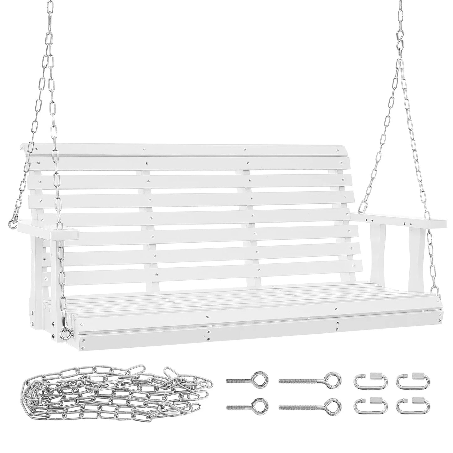 KFFKFF Outdoor Swing Bench 4.5 ft, Garden and Patio Wooden Swing, Enhanced 880 lbs Capacity, Durable Chair with Chains for Outside Use, White