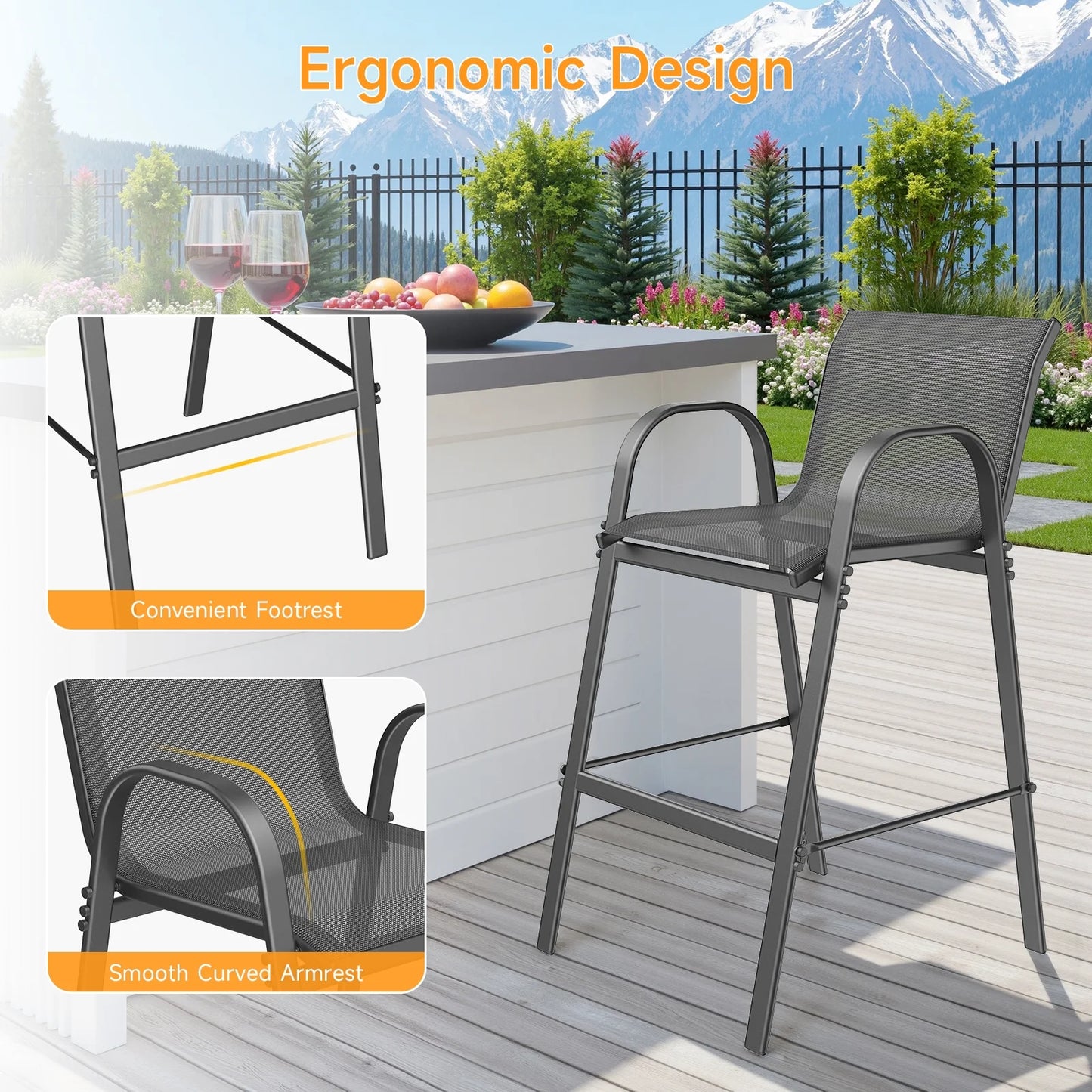Dovov Outdoor Bar Stools Set of 4, Patio Bar Height Stool Outdoor Textilene Bar Chairs All Weather Patio Barstools for Garden Poolside Backyard Balcony Porch Lawn Deck, Gray