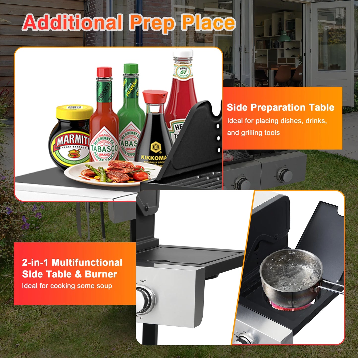 3-Burner Gas Grill with Side Burner, 37230 BTU Propane BBQ Grill with Porcelain-Enameled Cast Iron Grates, Build in Thermometer, Ideal for Patio Camping Outdoor Cooking