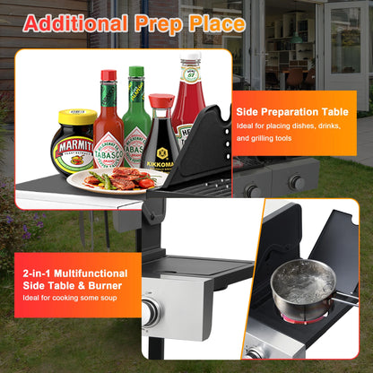 3-Burner Gas Grill with Side Burner, 37230 BTU Propane BBQ Grill with Porcelain-Enameled Cast Iron Grates, Build in Thermometer, Ideal for Patio Camping Outdoor Cooking