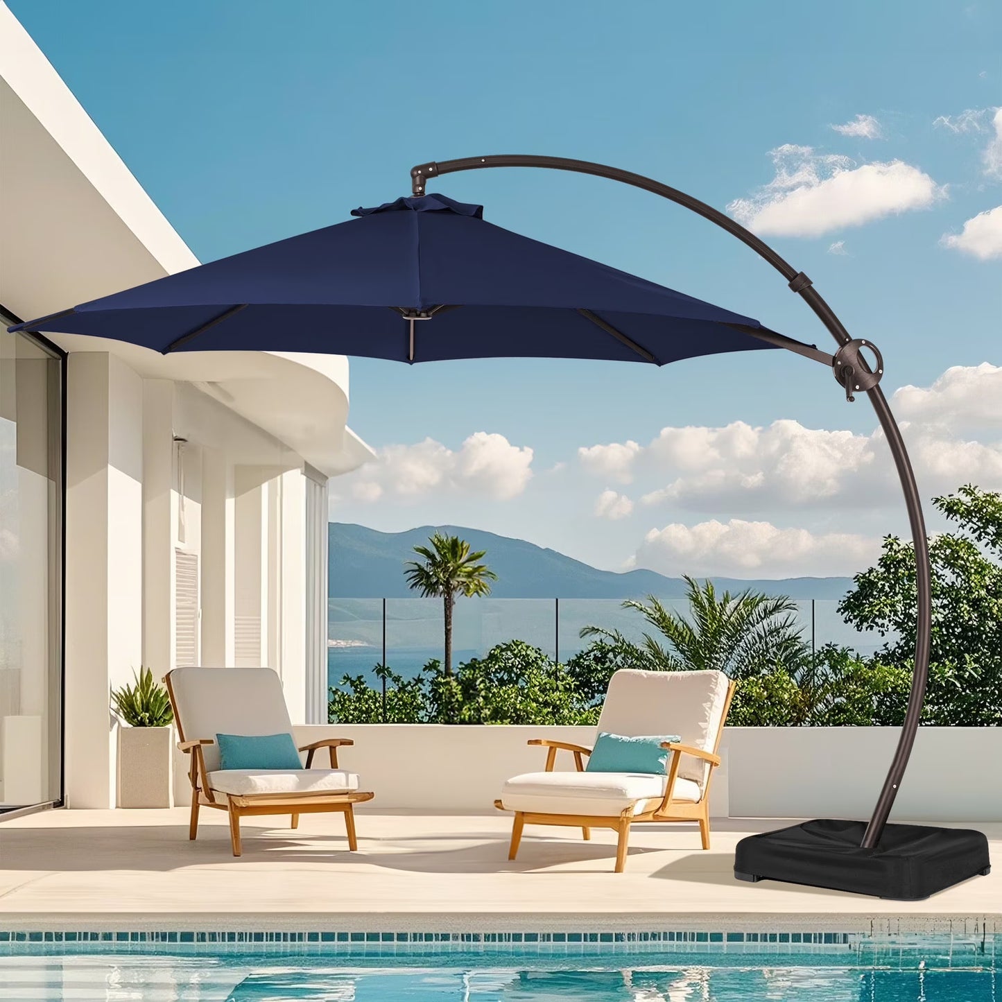 JUSTLET 10FT Arched-Pole Cantilever Hanging Patio Umbrella with baseNavy Blue