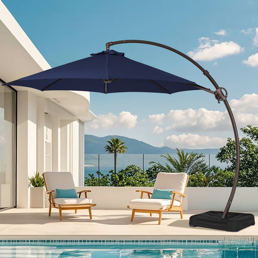 JUSTLET 10FT Arched-Pole Cantilever Hanging Patio Umbrella with baseNavy Blue