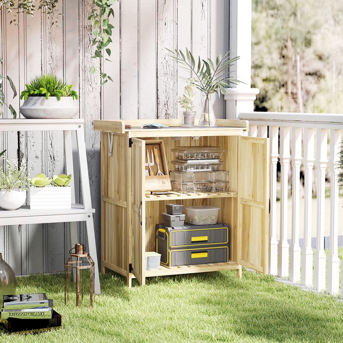 Outsunny Outdoor Garden Shed, Wooden Backyard Shed with Metal Tabletop, Shelf and 2 Doors for Patio, Lawn, Gray