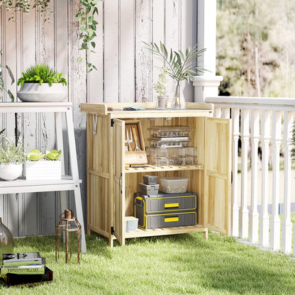 Outsunny Outdoor Garden Shed, Wooden Backyard Shed with Metal Tabletop, Shelf and 2 Doors for Patio, Lawn, Gray