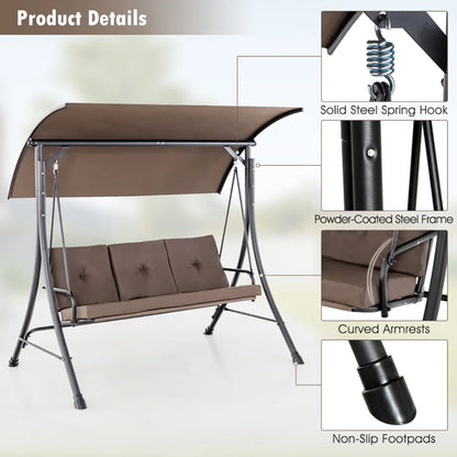 Yardi Yard 3-Seat Outdoor Porch Swing with Adjustable Canopy and Padded Cushions-Brown for Front Porch, Poolside, Patio, Backyard