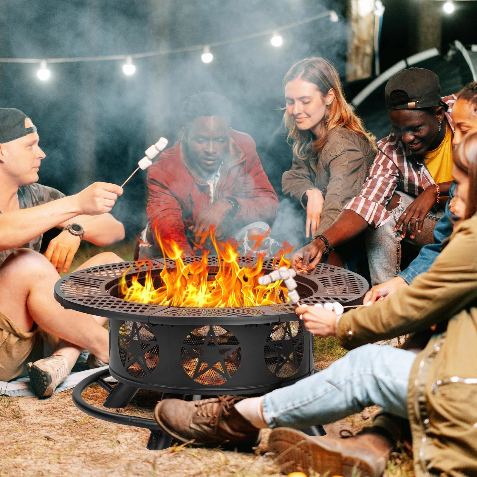 MistMo 36 inch Round Fire Pit with Grills, Wood Burning Fire Pits with Metal Lid for Outside Bonfire Outdoor Patio and Party