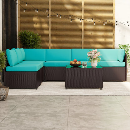 7 Piece Patio Furniture Set, Outdoor Furniture Patio Sectional Sofa, All Weather PE Rattan Outdoor Sectional with Cushion and Coffee Table.