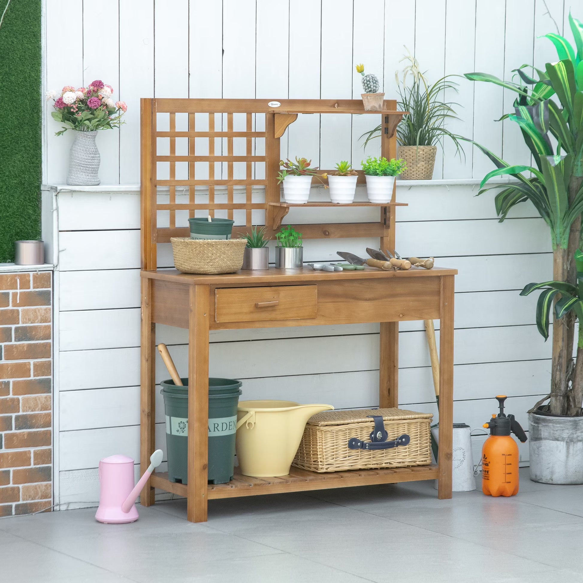 Outsunny Potting Bench Table, Garden Work Bench, Outdoor Wooden Workstation with Tiers of Shelves and Drawer for Patio, Courtyards, Balcony, Grey