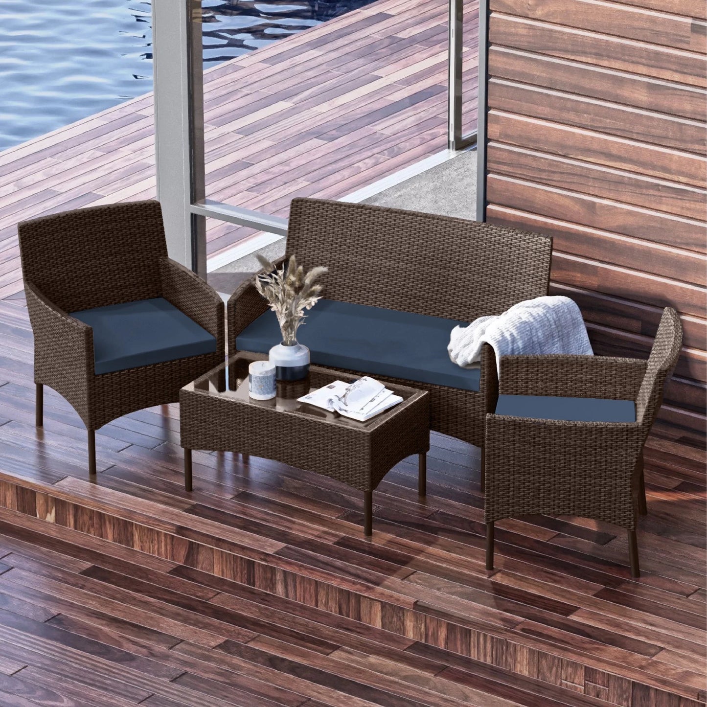Hearth & Harbor Outdoor Furniture Set, 4 Piece Wicker Patio Chairs Set, Brown with Navy Cushions