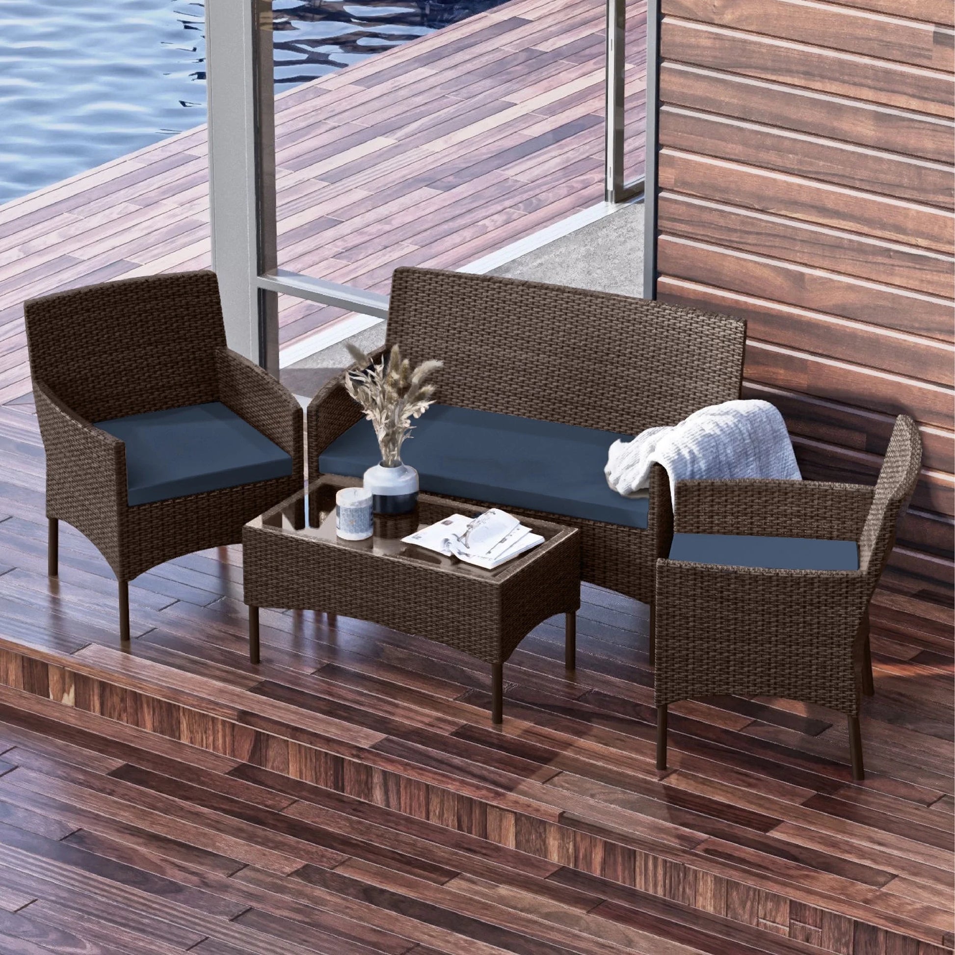 Hearth & Harbor Outdoor Furniture Set, 4 Piece Wicker Patio Chairs Set, Brown with Navy Cushions