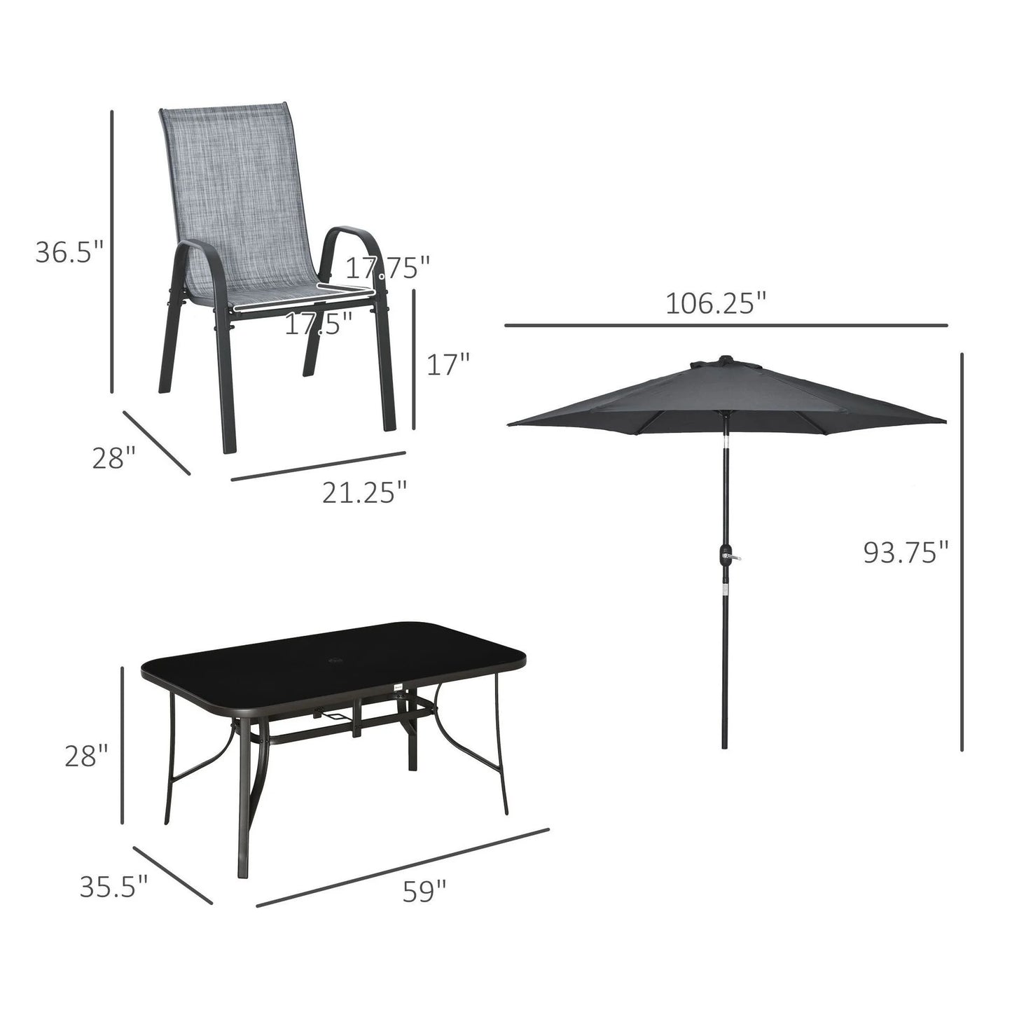 8-Piece Outdoor Dining Set with Umbrella, Patio Table and Chairs, Fast-Dry Fabric, 6 Chairs, Grey