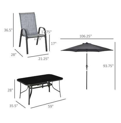8-Piece Outdoor Dining Set with Umbrella, Patio Table and Chairs, Fast-Dry Fabric, 6 Chairs, Grey