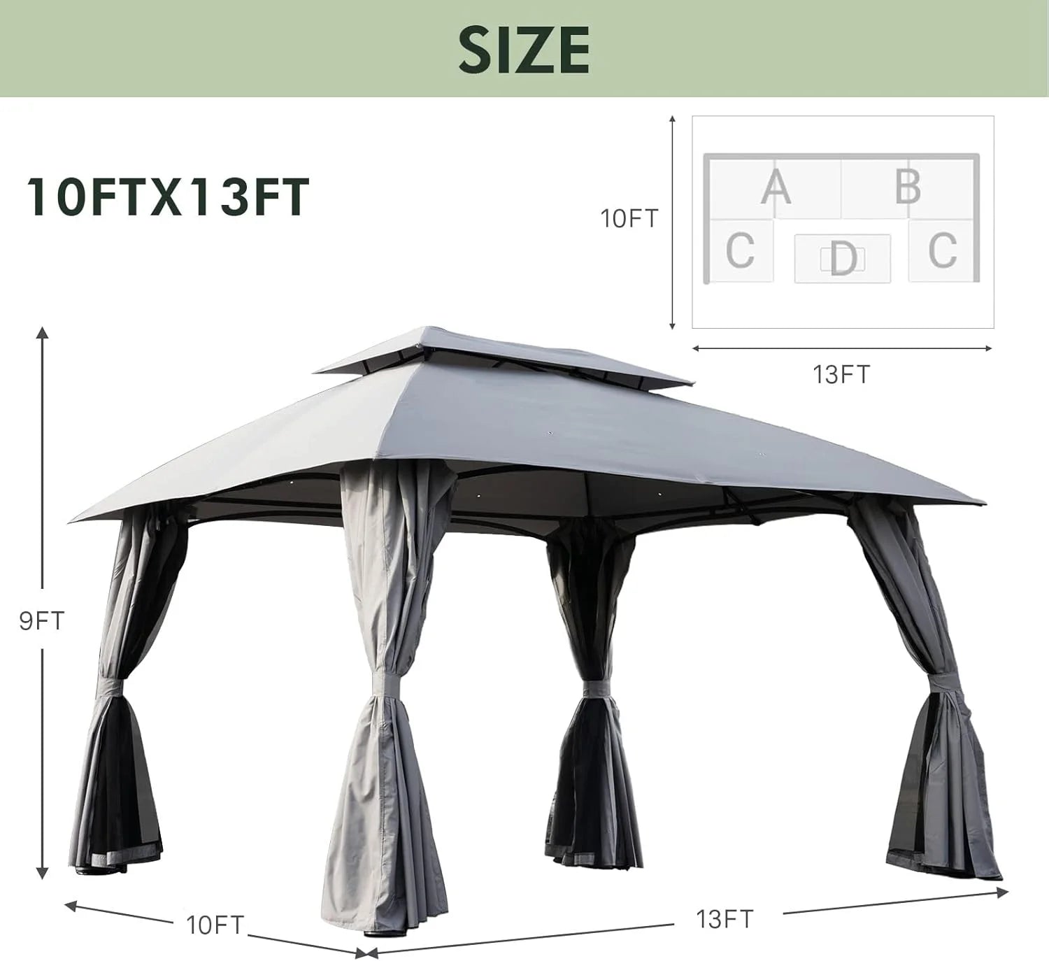 Simenmax 10? x 13? Steel Patio Gazebo, with Mesh Netting and Double Vented Roof