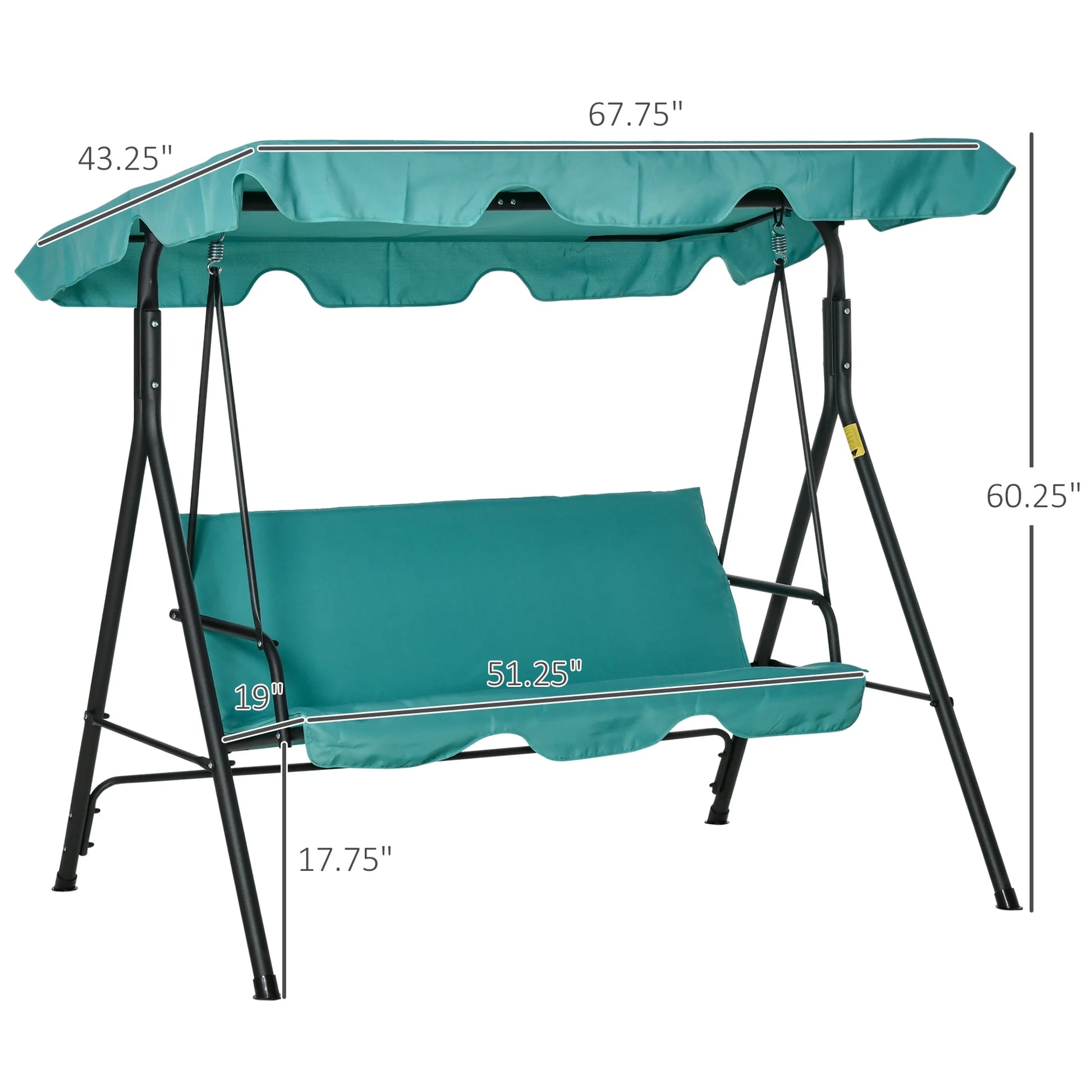 Outsunny 3-Seat Outdoor Patio Swing Chair with Removable Cushion, Steel Frame Stand and Adjustable Tilt Canopy for Patio, Garden, Poolside, Balcony, Backyard, Green