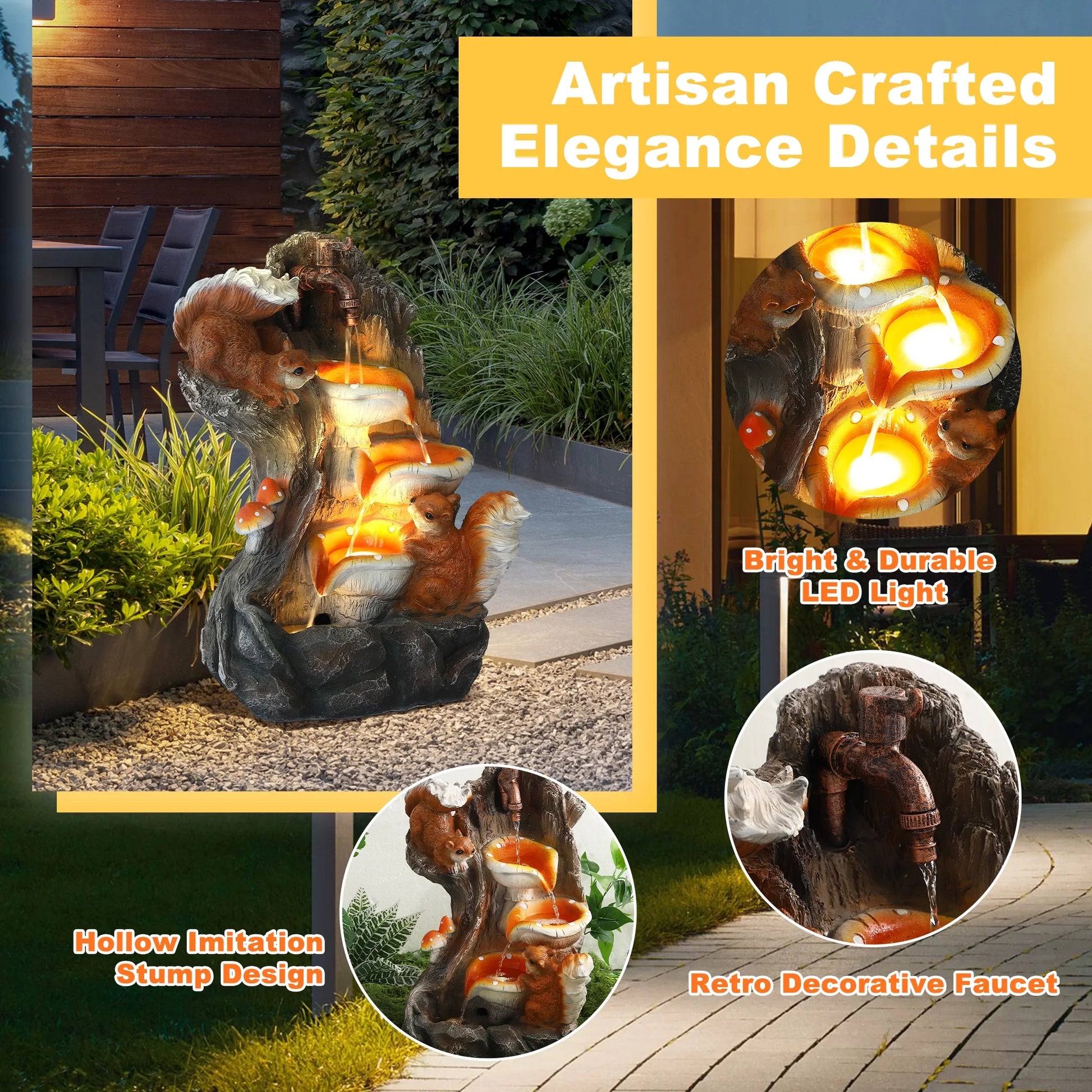 Magic Union Outdoor Water Fountain, Garden Decor Outside Indoor Waterfall Cascading Rock Fountain with Retro Decorative Faucet, Patio Resin Fountains for Yard, Deck, Porch and Home, Imitation Stump